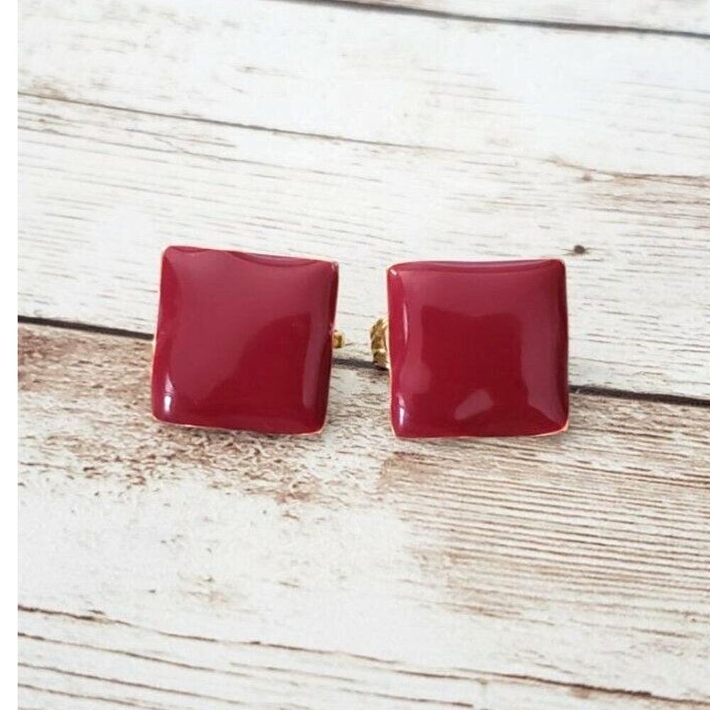 Vintage Clip On Earrings - Deep Red Enamel Square Stylish Retro 5/8"